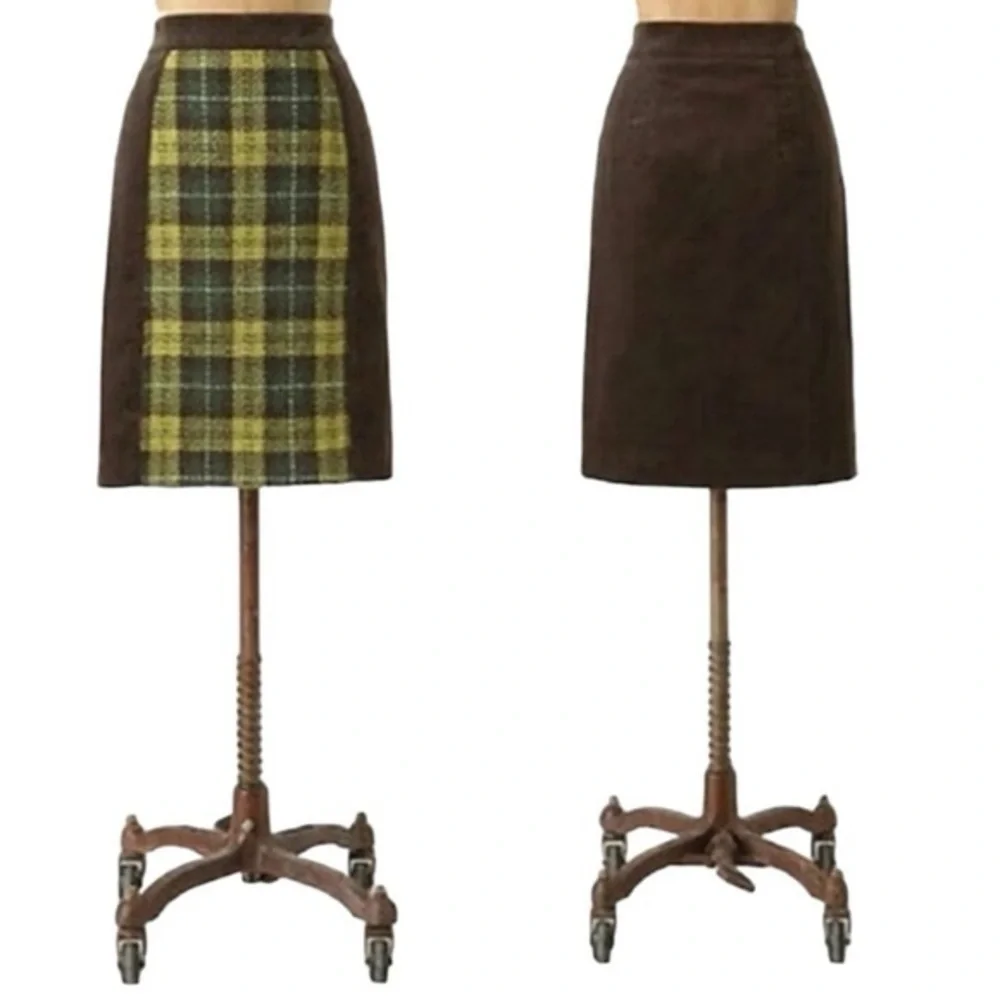 Anthropologie Maeve Brown Corduroy Skirt Green Plaid Wool Panel Size 4